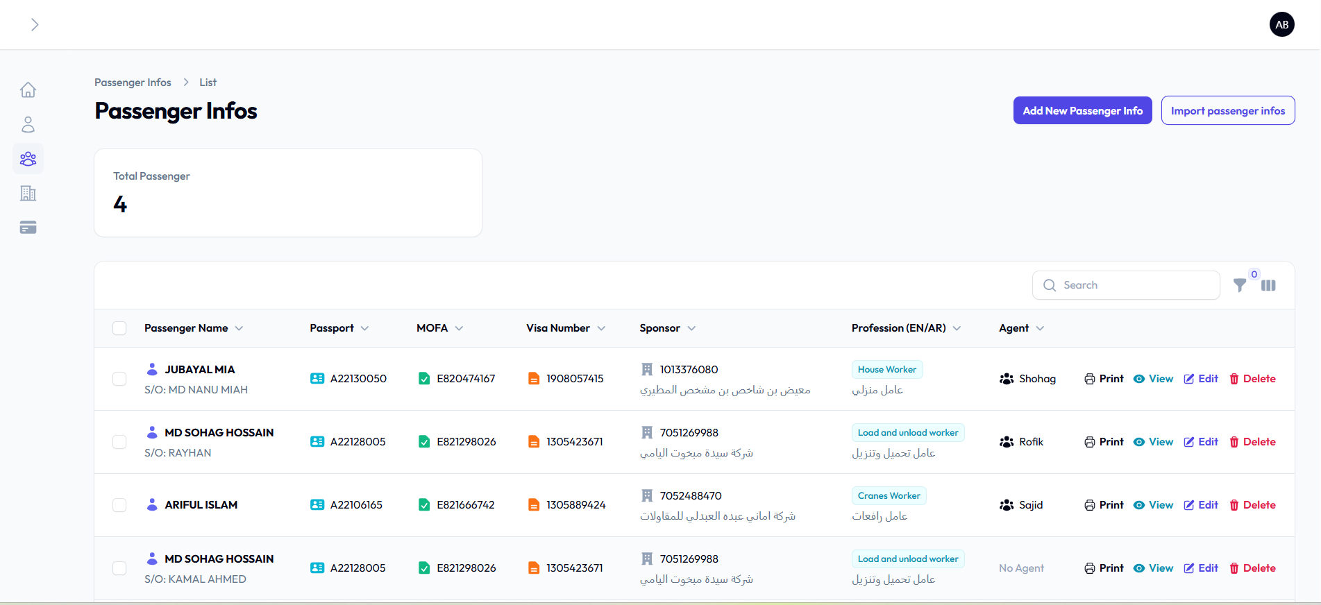 Passenger profile list screen showing all worker profiles with search, filter and action buttons